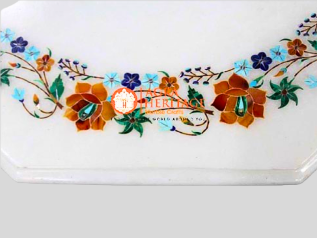 White Marble Turquoise Carnelian Floral Art Coffee Table Top